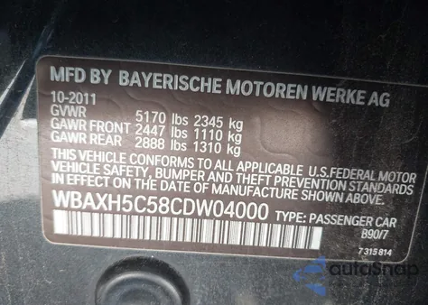 2012 BMW 528I xDrive from USA, damaged, VIN WBAXH5C58CDW04000